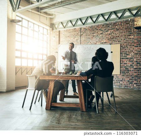 Whiteboard, businessman or leader in presentation for questions, SWOT analysis or teaching strategy. People, workshop or speaker asking in team training, coaching or learning opportunity in meeting 116303071