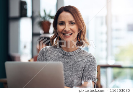 Laptop, woman and portrait in coffee shop for research, planning and email for business. Happy, technology and consultant or advisor in cafe for remote work, freelance and working in Los Angels 116303080