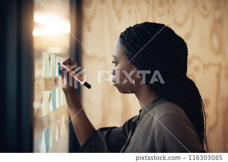 Woman, writing and sticky notes on glass in office for brainstorming, ideas and planning at startup. African employee, person and pen by moodboard with thinking, mindmap and vision at creative agency Woman, writing and sticky notes on glass in office for brainstorming, ideas and planning at startup. African employee, person and pen by moodboard with thinking, mindmap and vision at creative agency 116303085