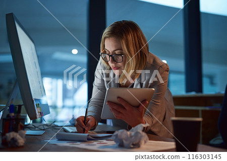 Business, writing and woman with tablet, pc and planning for legal project, brainstorming and research. Lawyer, consultant and employee with computer, technology and notebook with idea for case notes 116303145