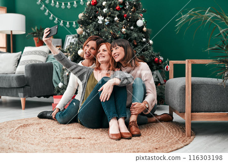 Christmas selfie, smile and women in home for celebration together and social media update for memory. Female people, happy and group of friends for festive holiday party or video call with contact Christmas selfie, smile and women in home for celebration together and social media update for memory. Female people, happy and group of friends for festive holiday party or video call with contact 116303198