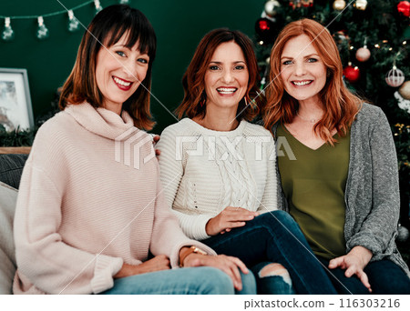 Portrait, Christmas and women on sofa for happiness, season and tradition in living room. Festive, holiday and female friends on couch for celebration, xmas tree and reunion for bonding in home 116303216