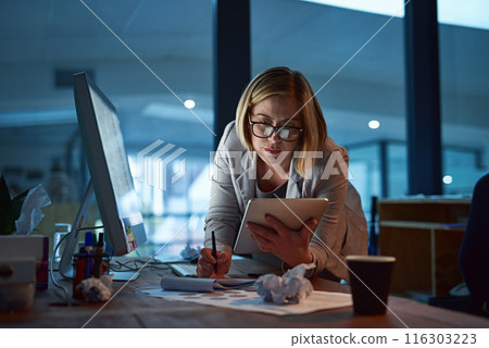 Business, writing and woman with tablet, tech and night planning for legal project, brainstorming and research. Lawyer, consultant and employee with pc, computer and notebook with idea for case notes 116303223