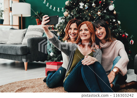 Selfie, sisters or women in home for Christmas celebration with relax together and social media post for family. Female people, smile and group of friends for holiday party or video call with contact Selfie, sisters or women in home for Christmas celebration with relax together and social media post for family. Female people, smile and group of friends for holiday party or video call with contact 116303242