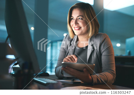 Night, reading and woman with computer in office for research, news info or website as content writer. Working late, female editor or tablet for editing article, scroll or story angle for business 116303247