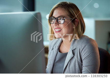 Computer, thinking and glasses of business woman in office for reading email, planning and working at night. Professional, career and receptionist for administration, research and information Computer, thinking and glasses of business woman in office for reading email, planning and working at night. Professional, career and receptionist for administration, research and information 116303250
