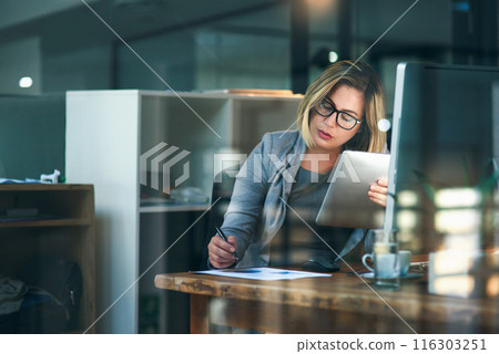 Woman, office and tablet with writing on paper for notes or deadline as web designer in digital agency. Female person, business and working on computer for planning, ideas as professional for company Woman, office and tablet with writing on paper for notes or deadline as web designer in digital agency. Female person, business and working on computer for planning, ideas as professional for company 116303251