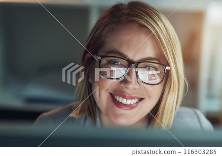 Computer, portrait and glasses of woman in office for reading email, planning and working on project. Professional, career and female receptionist for administration, research deadline or information 116303285