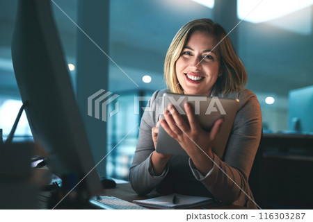Portrait, businesswoman and tablet in office for research, news information or scroll as content writer. Working late, female editor and digital for editing article, reading and story angle at night 116303287