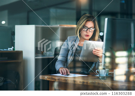 Woman, office and computer with reading on tablet for email or deadline as project manager in web agency. Female person, business and workplace on tech for planning, ideas as professional for company 116303288