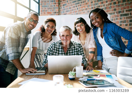 Teamwork, laptop and portrait of business people in office for collaboration, about us and meeting at startup. Creative, diversity and men and women with computer, palette and designs for project 116303289