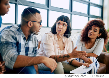 Workshop, sofa and business people with creative planning, project proposal or collaboration in office. Design, men and women talking at digital agency with teamwork, conversation or ideas on couch 116303340