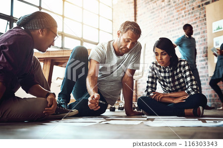 People, team and planning on floor with notes for company with data analysis, research and statistics. Campaign, election and voting day with tally, poll and communication in office in America. 116303343