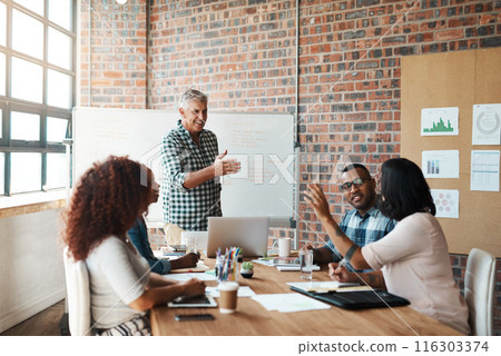 Ideas, teamwork and man at creative presentation for project management, planning and workshop. Design, meeting room and business people at seminar for growth, development and questions in office 116303374