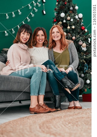 Christmas, women and portrait on sofa for happiness, season and memories in living room. Festive, tradition and female friends on couch for celebration, xmas tree and reunion for bonding in home 116303381
