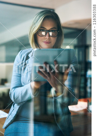 Business woman, office and tablet with typing, email for deadline as project manager in web agency for communication. Female person, app and working on tech for connection as professional for company 116303388