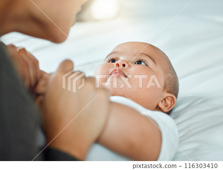 Love, woman and baby on bed for support, development and play for growth in bedroom. Together, mother and child in family home for game, connection and time with mama and healthy kid in apartment 116303410