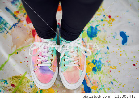 Art, shoes and color for feet of person, cloth and painting on floor in house, abstract and closeup. Home, fashion and trendy with talent, palette and apartment for artist, gen z and mess of ground Art, shoes and color for feet of person, cloth and painting on floor in house, abstract and closeup. Home, fashion and trendy with talent, palette and apartment for artist, gen z and mess of ground 116303415