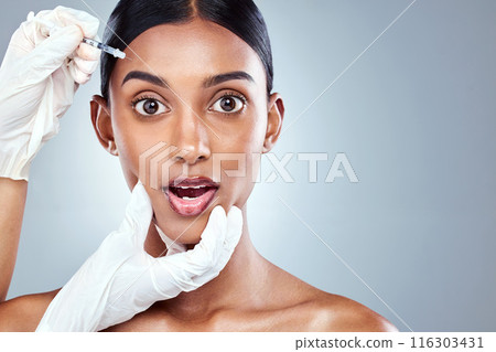 Woman, portrait and plastic surgery, hands and injection in studio for forehead, collagen and skincare. Spa treatment, medical and cosmetics with face of person in grey background for facial 116303431