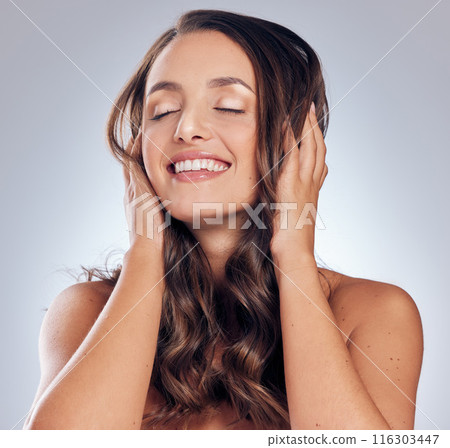 Growth, hair beauty and happy woman for skincare, wellness by grey background and hairstyle. Face, model haircare and healthy for cosmetics, dermatology treatment and makeup with smile in studio Growth, hair beauty and happy woman for skincare, wellness by grey background and hairstyle. Face, model haircare and healthy for cosmetics, dermatology treatment and makeup with smile in studio 116303447