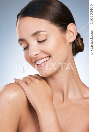Happy woman, dermatology and beauty in studio backdrop, satisfied with results for health in blue background. Female person, face and eyes closed, cosmetic and pride for glow, skincare and wellness 116303469