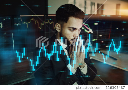 Businessman, chart and thinking of technology and overlay in office with worry for stocks at night. Investment, computer and nervous in workplace with trader, statistics and graph for business 116303487