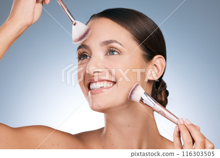 Cosmetic, woman and hands with brushes for makeup, beauty and application on blue background. Tools, foundation or equipment for skincare products, happy and female person face in studio for grooming 116303505