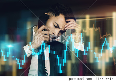 Businessman, stress and phone call with graph and overlay in office for communication at night. Stock market, connection and male trader in workplace with headache from statistics and networking Businessman, stress and phone call with graph and overlay in office for communication at night. Stock market, connection and male trader in workplace with headache from statistics and networking 116303617