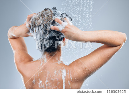 Shower water, hair care and back of woman for hygiene, shine results and clean scalp for growth in studio. Liquid drops, model girl and foam wash for texture and cleaning routine by grey background Shower water, hair care and back of woman for hygiene, shine results and clean scalp for growth in studio. Liquid drops, model girl and foam wash for texture and cleaning routine by grey background 116303625