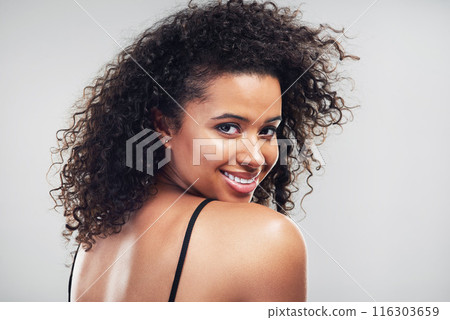 Portrait, woman and beauty for hair or skincare, studio and cosmetic on white background. Curly, cosmetology and facial treatment with collagen for model person, smile or texture for haircare Portrait, woman and beauty for hair or skincare, studio and cosmetic on white background. Curly, cosmetology and facial treatment with collagen for model person, smile or texture for haircare 116303659