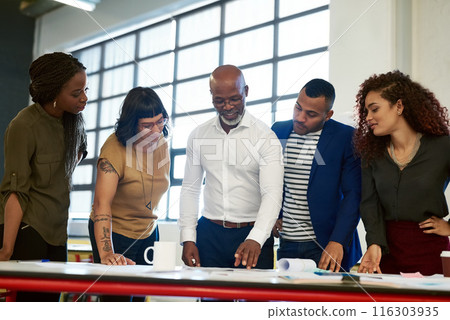 Business people, team and discussion with documents at startup for reading, thinking or listening to ideas. Men, women and group in collaboration, paperwork or project development at creative agency 116303935