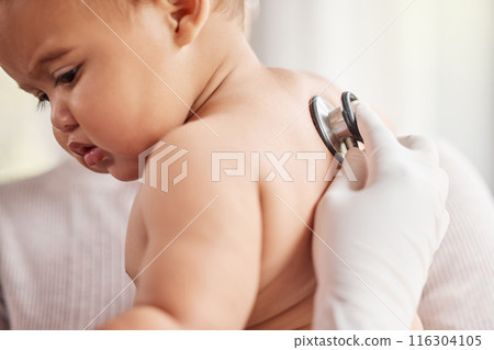 Sick baby, stethoscope or hand of pediatrician for check up, healthcare or illness in family clinic or hospital. Child, breathing or doctor with tools for infant, lungs test or medical exam results 116304105