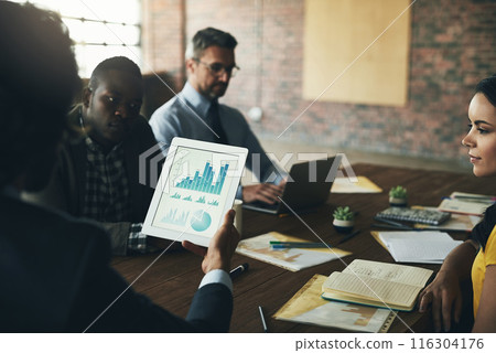 Graphs, tablet or business people in meeting, discussion or collaboration for company data analytics or growth. Teamwork, screen or budget analyst planning info for feedback report or charts stats 116304176