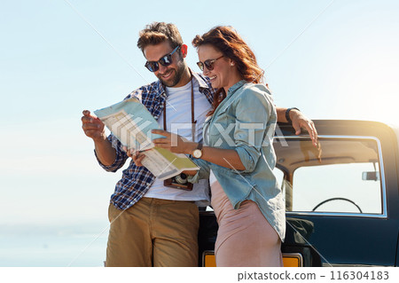 Reading, couple and map outdoor for navigation, location search and destination for road trip. Happy people, man and woman with paper for guidance, direction and instructions for adventure journey Reading, couple and map outdoor for navigation, location search and destination for road trip. Happy people, man and woman with paper for guidance, direction and instructions for adventure journey 116304183
