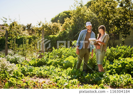Agriculture, farmer and partner in discussion with document for plant growth or harvest vegetables in nature. Man, woman and happy couple at garden farm together for planning food production at field Agriculture, farmer and partner in discussion with document for plant growth or harvest vegetables in nature. Man, woman and happy couple at garden farm together for planning food production at field 116304184