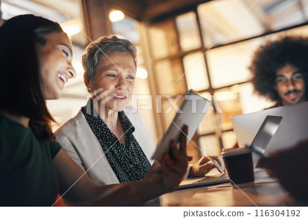 Night, teamwork and deadline for project, review and smile for research, accountant and data in tablet. Boardroom, dark and group in corporate, together and auditor for finance of company or laptop Night, teamwork and deadline for project, review and smile for research, accountant and data in tablet. Boardroom, dark and group in corporate, together and auditor for finance of company or laptop 116304192