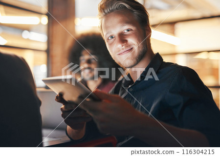 Portrait, tablet and employee with smile, night and research for deadline in office, online and finance. Boardroom, dark and man working late, auditor and collaboration for project, budget or company 116304215