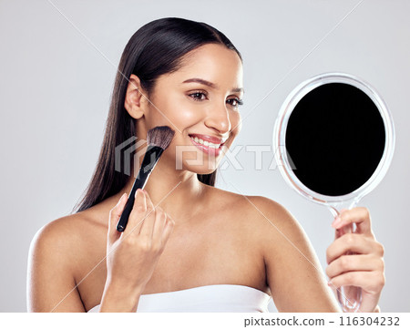 Woman, beauty and make up brush with mirror studio for application, cosmetics and happy for skin. Product, model girl and smile for creativity, artist and pride or confidence for glamour or glow Woman, beauty and make up brush with mirror studio for application, cosmetics and happy for skin. Product, model girl and smile for creativity, artist and pride or confidence for glamour or glow 116304232