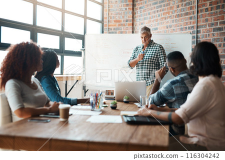 Workshop, teamwork and man at creative presentation for project management, planning and leadership ideas. Whiteboard, meeting room and business people in office for growth, development or proposal 116304242