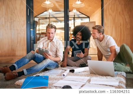 Business people, tech and meeting with documents in office for engineering, research and review. Software development, employee and men with multimedia for project portfolio, progress or feedback 116304251