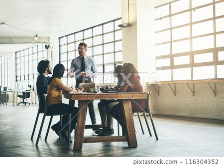 Laptop, people or businessman in presentation for teaching, problem solving or solution in meeting. Leadership, workshop or mentor talking in team training, coaching class or learning opportunity 116304352