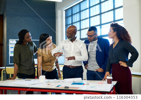 Business people, group and discussion with documents at startup for meeting, thinking and listening to ideas. Men, women and teamwork in collaboration, paperwork and African leader at creative agency 116304353