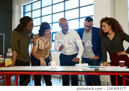 Business people, meeting and discussion for documents at startup for reading, thinking or listening to ideas. Men, women or group in collaboration, paperwork or project development at creative agency 116304377