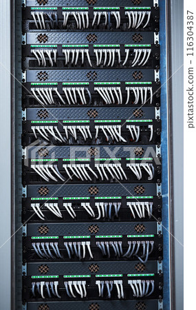 Empty, infrastructure and cables in server room for information technology, configuration or software update. Data center, hub and wiring for security patch, system recovery or optimize performance Empty, infrastructure and cables in server room for information technology, configuration or software update. Data center, hub and wiring for security patch, system recovery or optimize performance 116304387