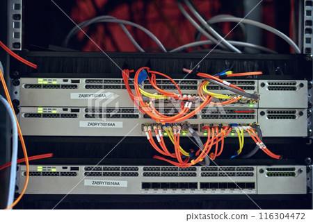Empty, data center and cables in server room for information technology, configuration or software update. Closeup, hub and wiring for security patch, system recovery or optimize performance 116304472
