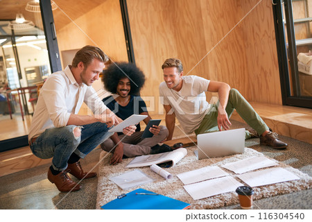 Creative people, tech and meeting with documents in office for software development, research and review. Programming, team and men with multimedia for project portfolio, progress and feedback 116304540