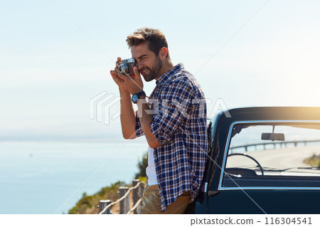 Outdoor, photographer and man with vintage camera in road trip, adventure and holiday vacation in Spain. Nature, male person and photography by car for memory, picture and tourist with equipment 116304541
