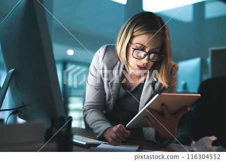 Business, notes and woman with tablet, pc and planning for legal project, brainstorming and research. Lawyer, night and employee with computer, technology and notebook with idea for case writing 116304552