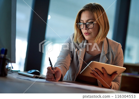 Business, writing and lawyer with tablet, night and planning for legal project, brainstorming and research. Woman, consultant and employee with pc, technology and notebook with idea for case notes 116304553