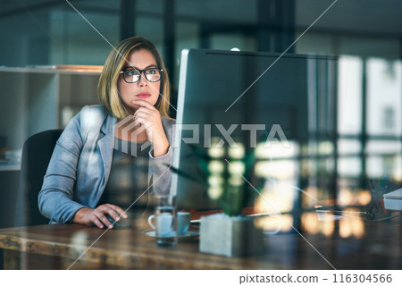 Business woman, think and computer at night for reading email, planning and working on project in office. Professional, scroll and receptionist for administration, research deadline and information Business woman, think and computer at night for reading email, planning and working on project in office. Professional, scroll and receptionist for administration, research deadline and information 116304566